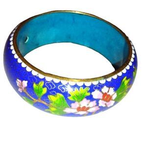 Vintage 1" Wide Chinese Peony Cloisonné Enamel Brass Bracelet Bangle Weight 90g